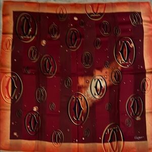 Cartier Paris Silk Scarf - Burgundy & Orange Double C Logo Print NIB